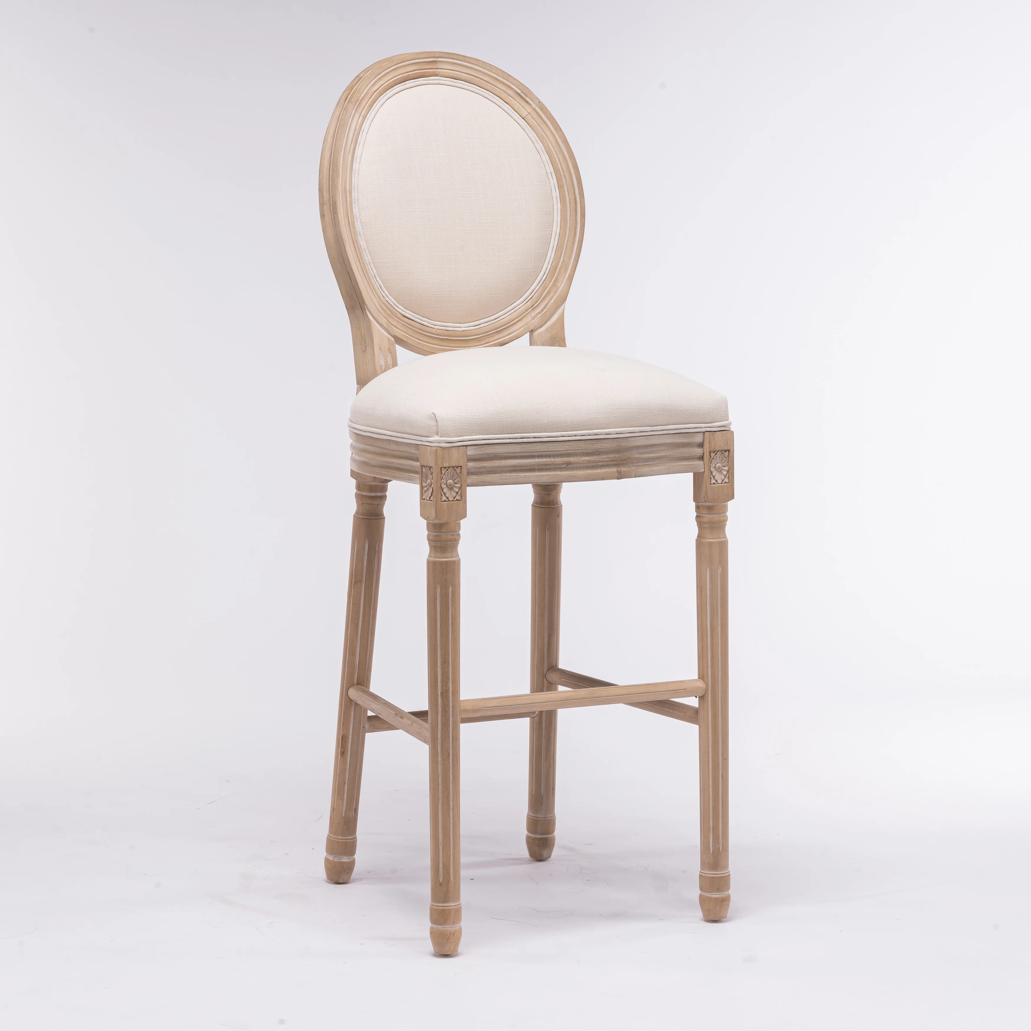 French Country Wooden Barstools With Upholstered Seating , Beige and Natural ，Set of 2