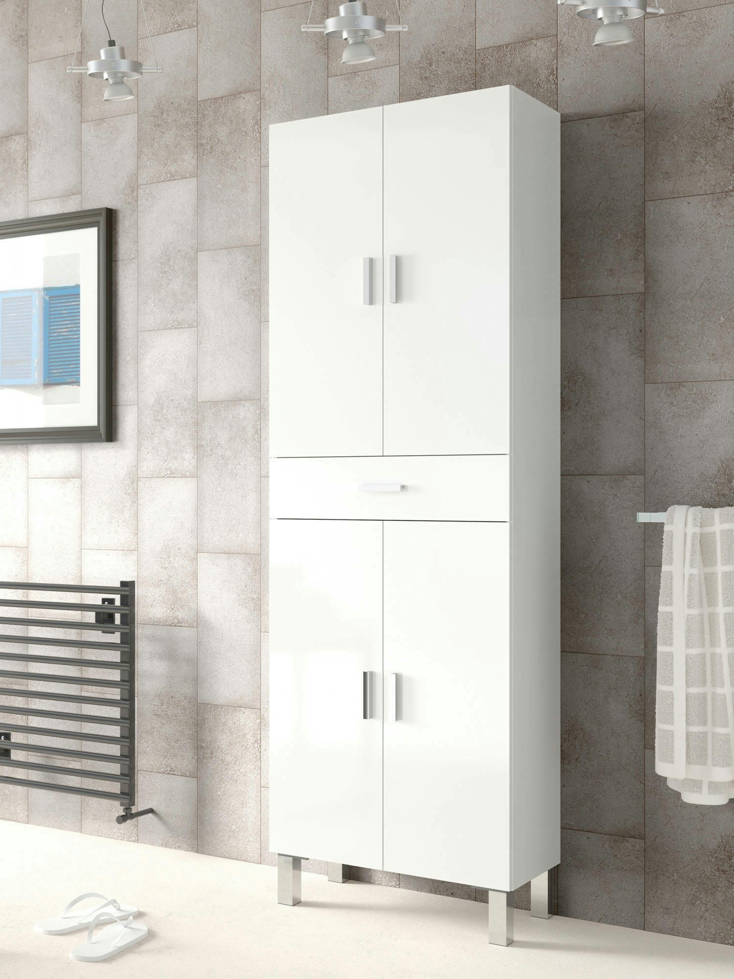 DELOBO - Armoire polyvalente avec 4 portes effet bois blanc brillant