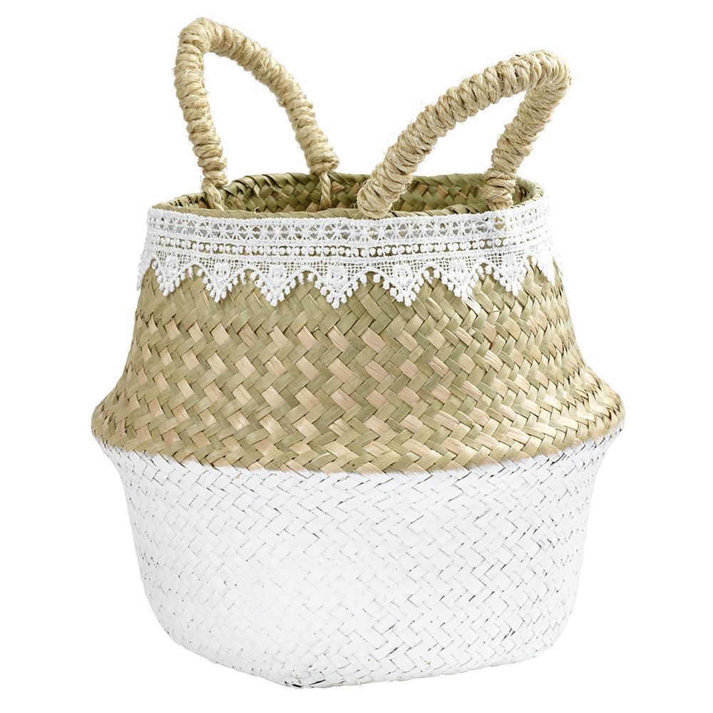 Panière en jute blanc naturel décor dentelle Ø20xH15 cm