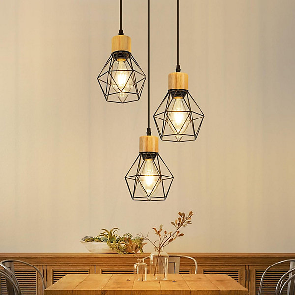 Nettlife Suspension - Lampe suspendue à 3 lumières E27, lampe de cuisine rétro ronde noire de industriel (Sans ampoules)