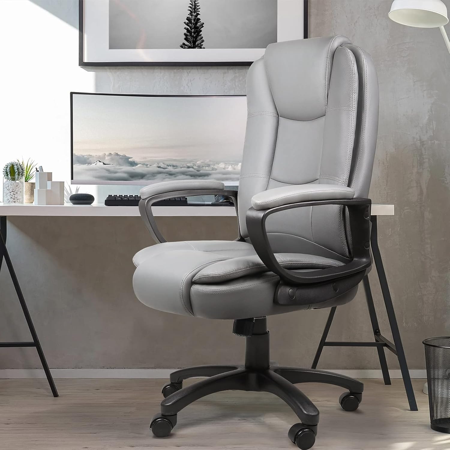 OFIKA Home Office Chair, 400LBS Big and Tall Chair Heavy Duty Design, Ergonomic High Back Cushion Lumbar Back Support, Computer Desk Chair, Adjustable Executive Leather Chair with Armrest (Grey)
