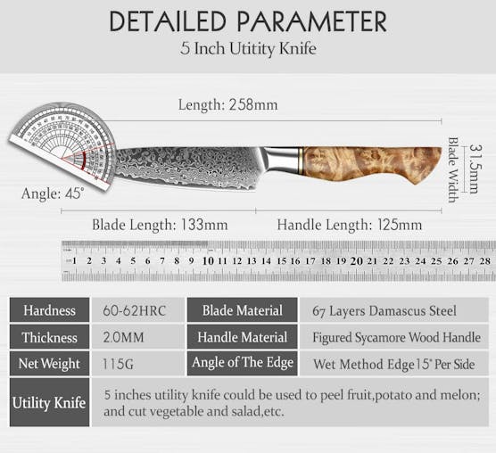 NNEOBA 5-Inch Damascus Utility Knife 67-Layer Super Steel Brown