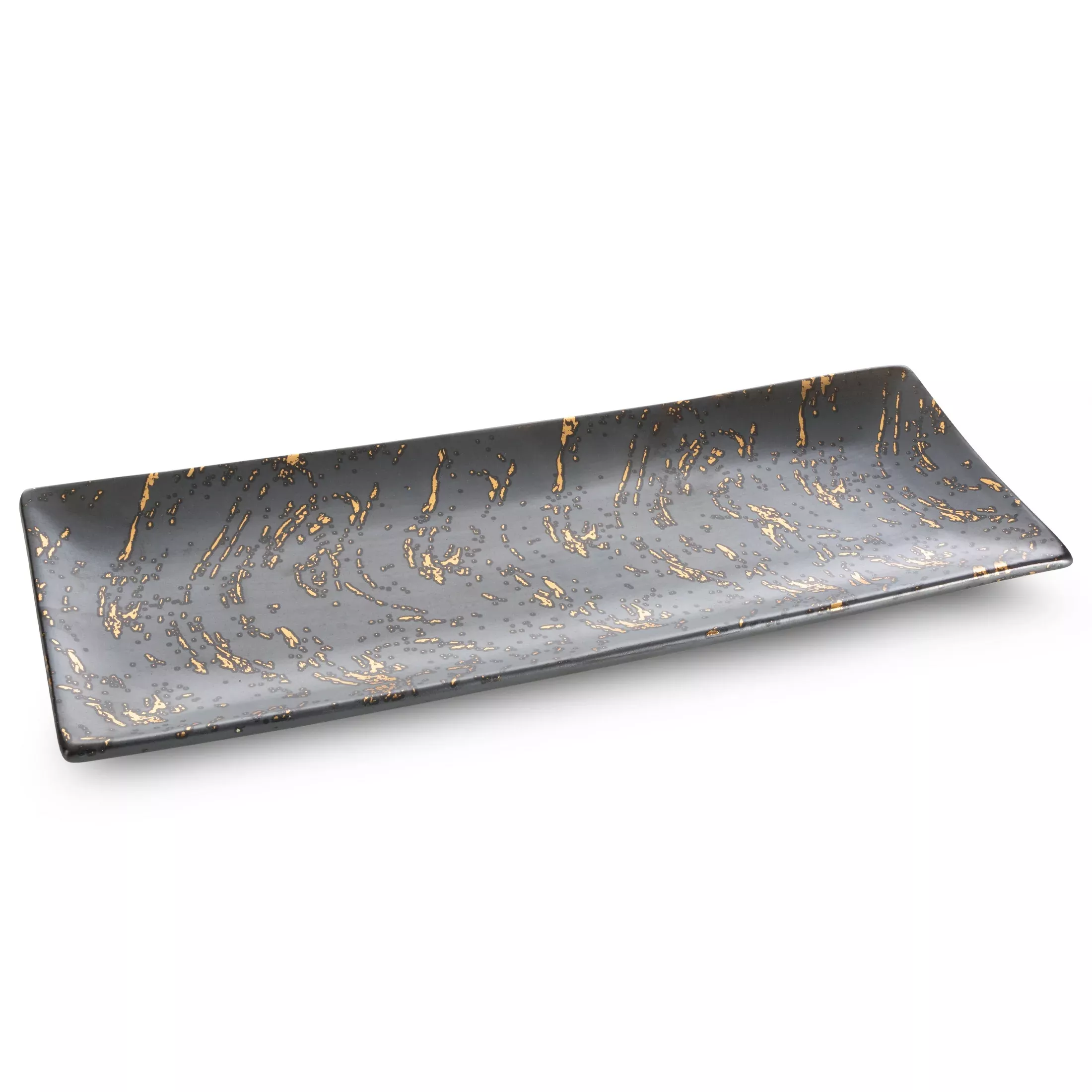 Patera ceramicznadekoracyjna grafitowo, złota zdobiona przecieranym wzorem 38x14x4 cm ARIELA
