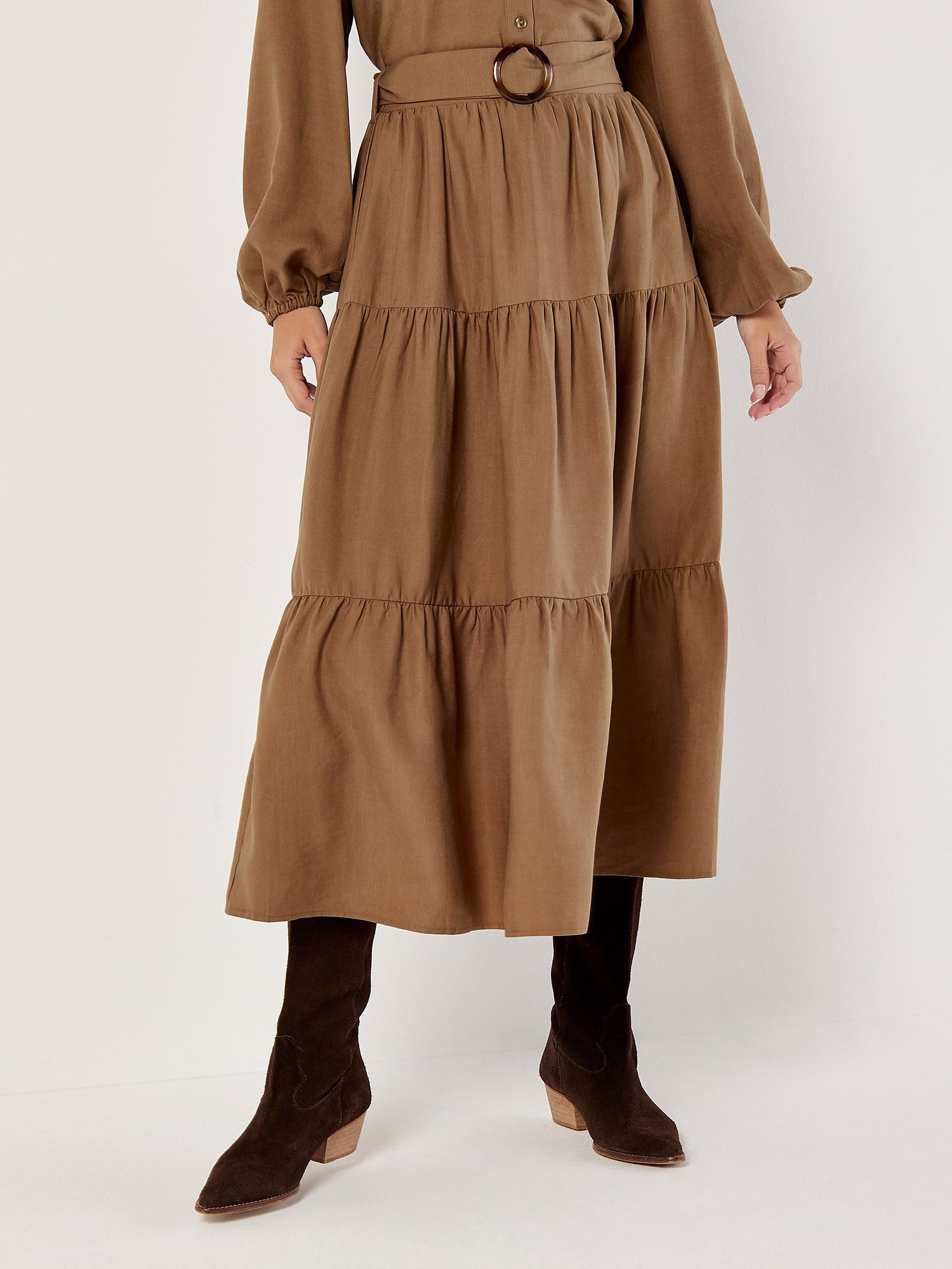 Apricot Belted Tiered Maxi Skirt