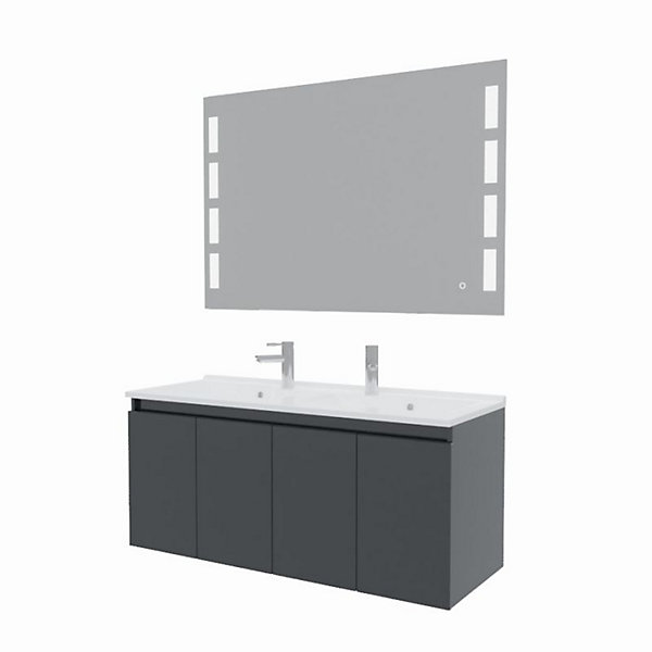 Meuble PROLINE 120 cm avec plan double vasque et miroir Prestige Plus- Gris- Plan vasque en Résine