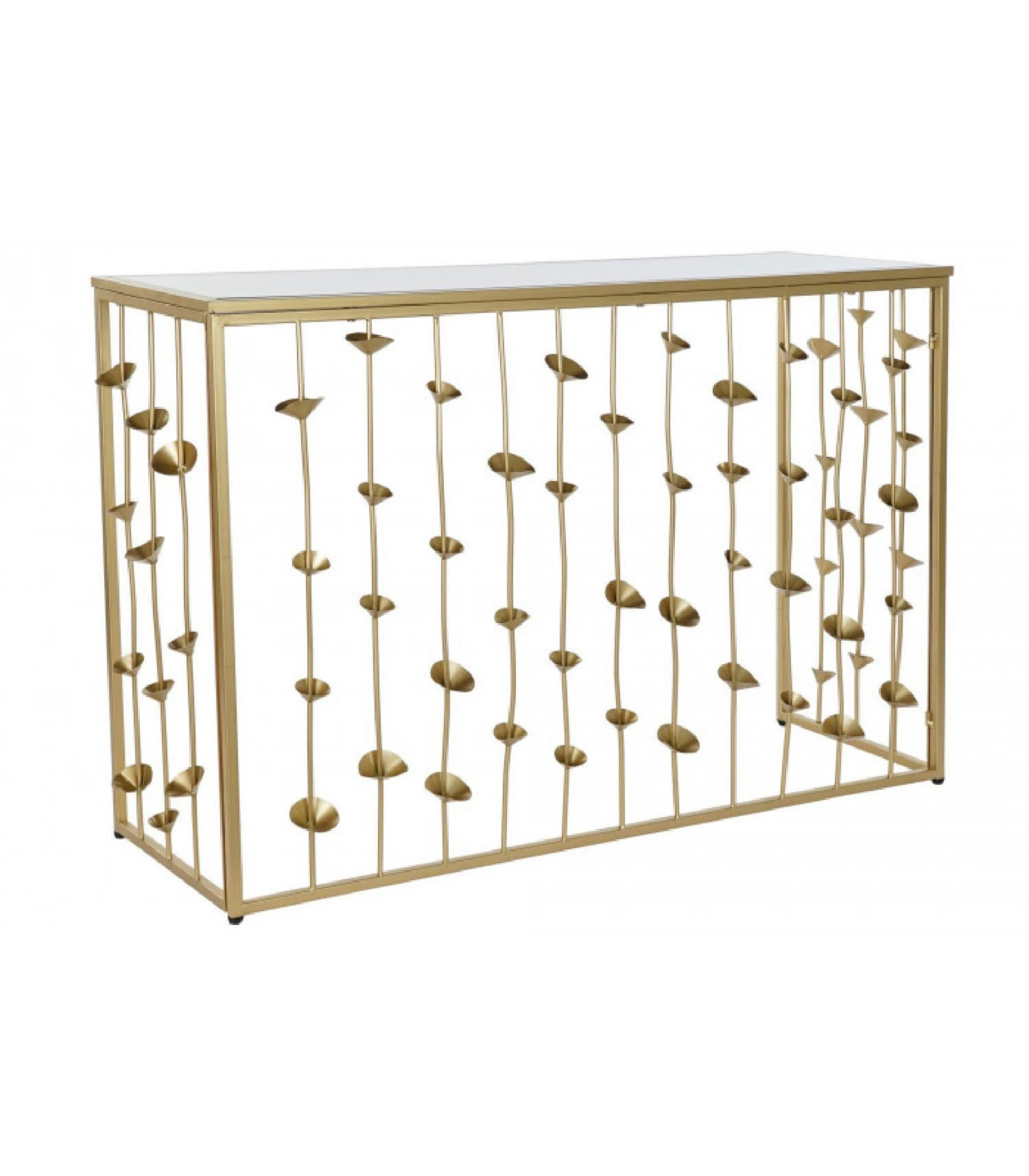 FLEURS - Console en métal doré et plateau miroir fleurs 126x43x81cm