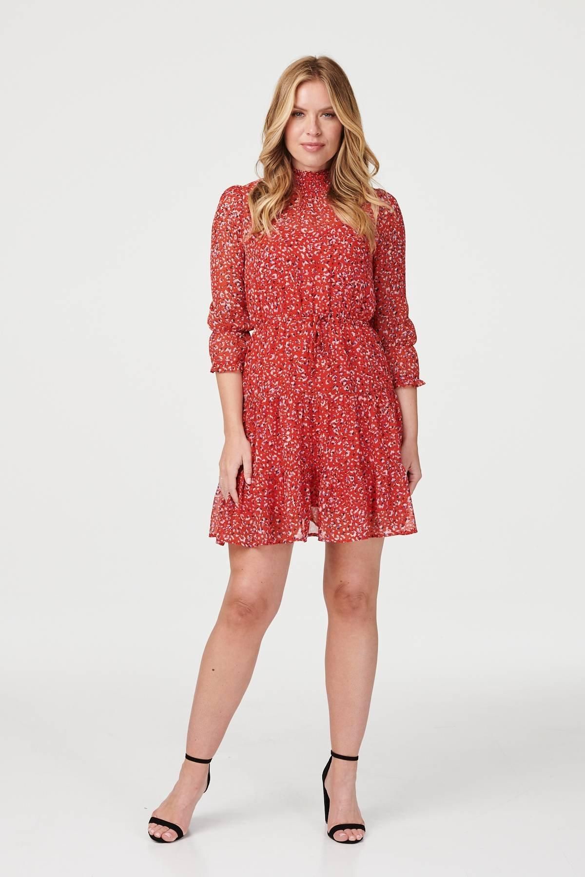 Izabel London Ditsy Print 3/4 Sleeve Skater Dress