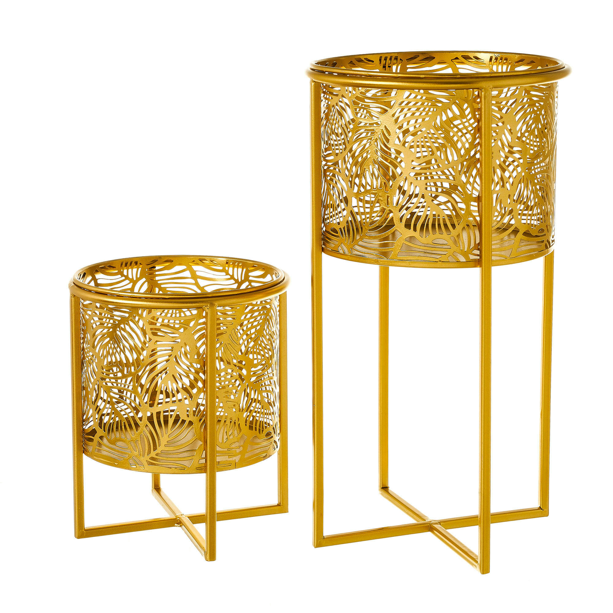 - Set de 2 supports pots plante en métal doré - 21.5x21.5x40.5cm