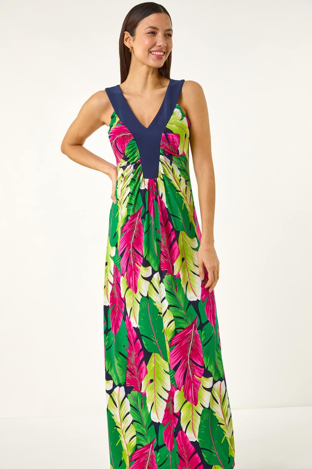 Roman Leaf Print Contrast Band Maxi Dress