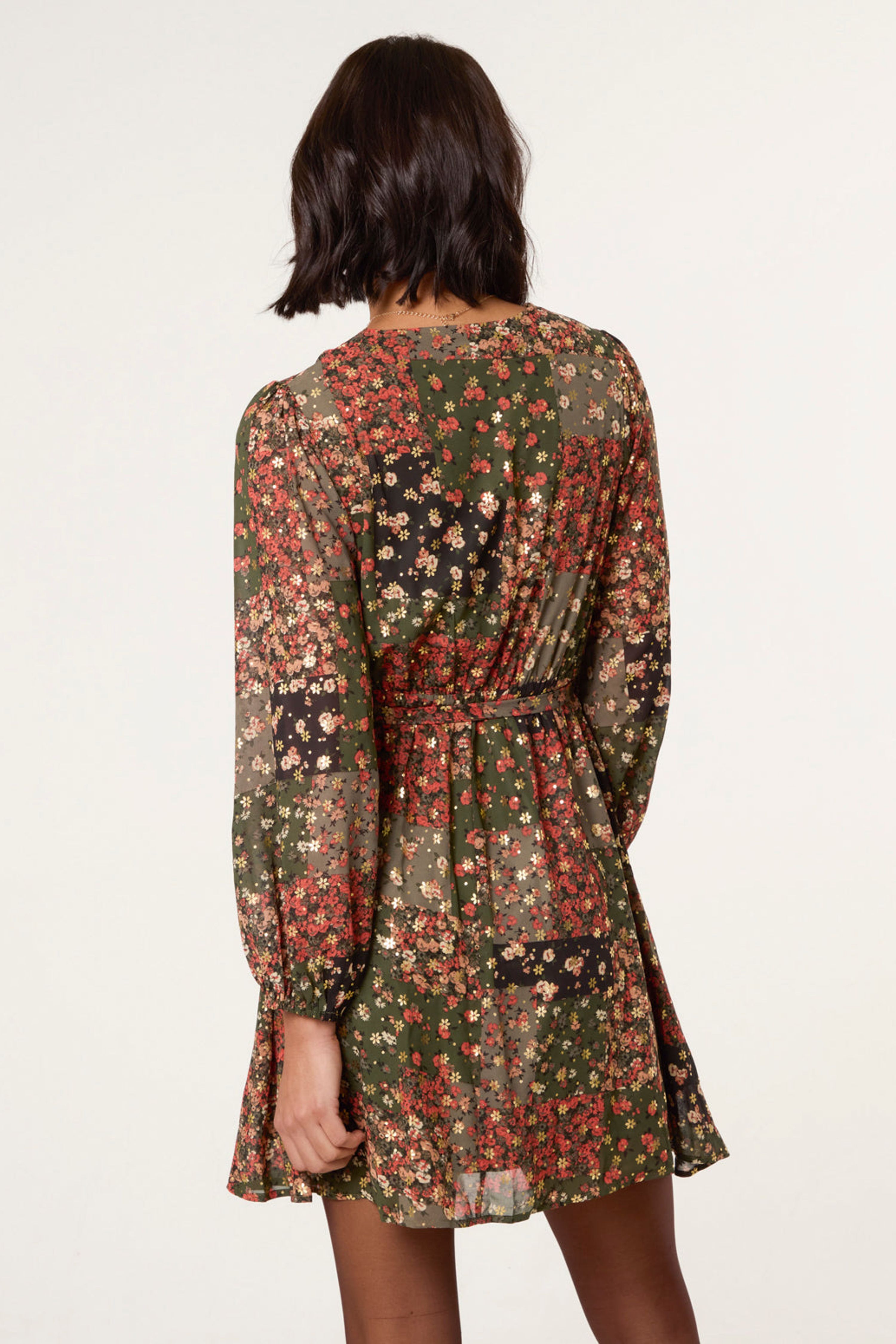 Blue Vanilla Khaki Gold Foil Patchwork Mini Dress