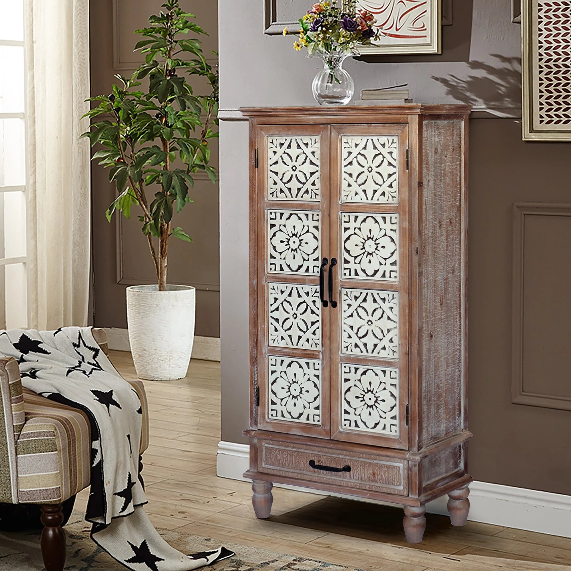 55.12 Tall Tower Storage Cabinet -Wood Sideboard Pantry Cabinet -Buffet Cabinet with Storage with Two Doors And A Drawer