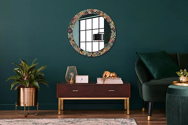 Miroir Rond Cadre Verre Imprimé Wallfluent fi70 cm Carreaux De Patchwork Fonctionnel Modèle Tendance Design Glamour