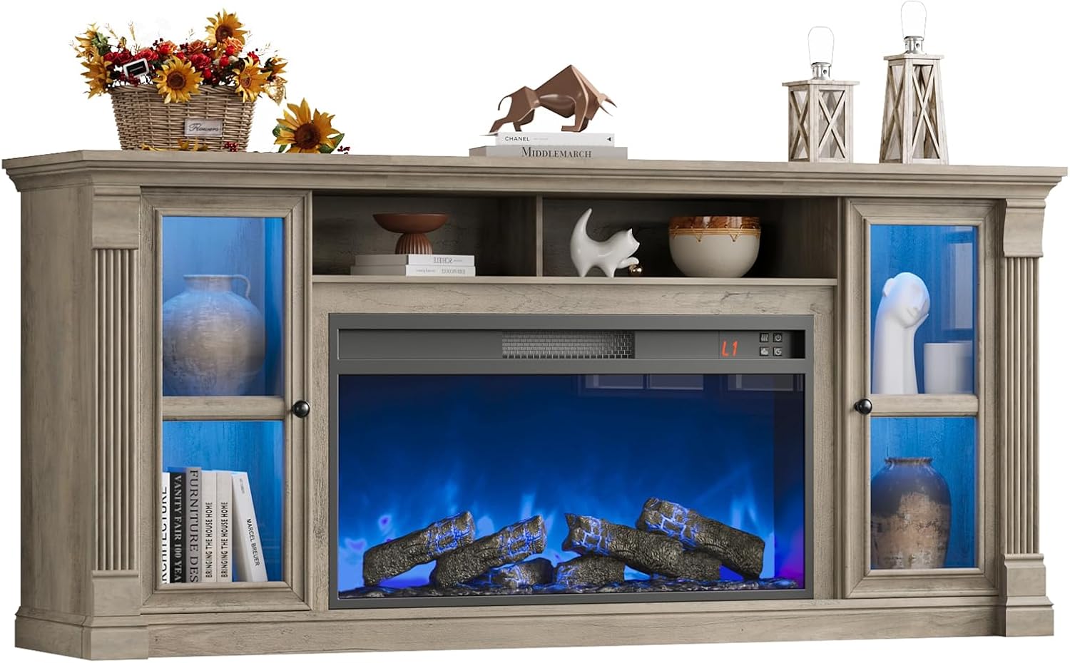 Farmhouse Fireplace TV Stand Up to 80 TVs, 70 Modern Highboy Entertainment Center with 36 Electric Fireplace & LED Lights, Media Console with Adjustable Shelves for Living Room, Gray