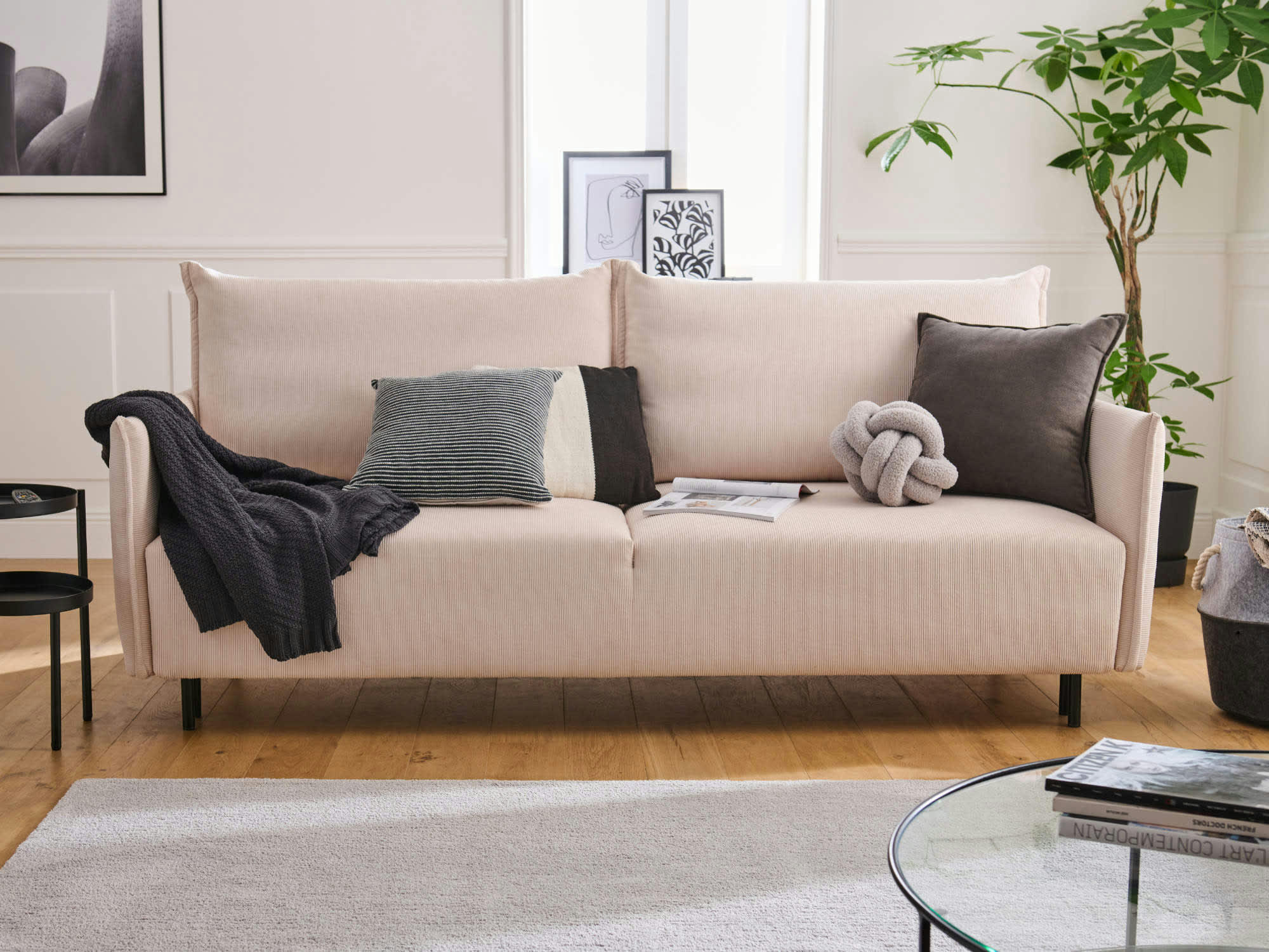 VALENTINA - Canapé droit convertible 3 places en velours côtelé beige