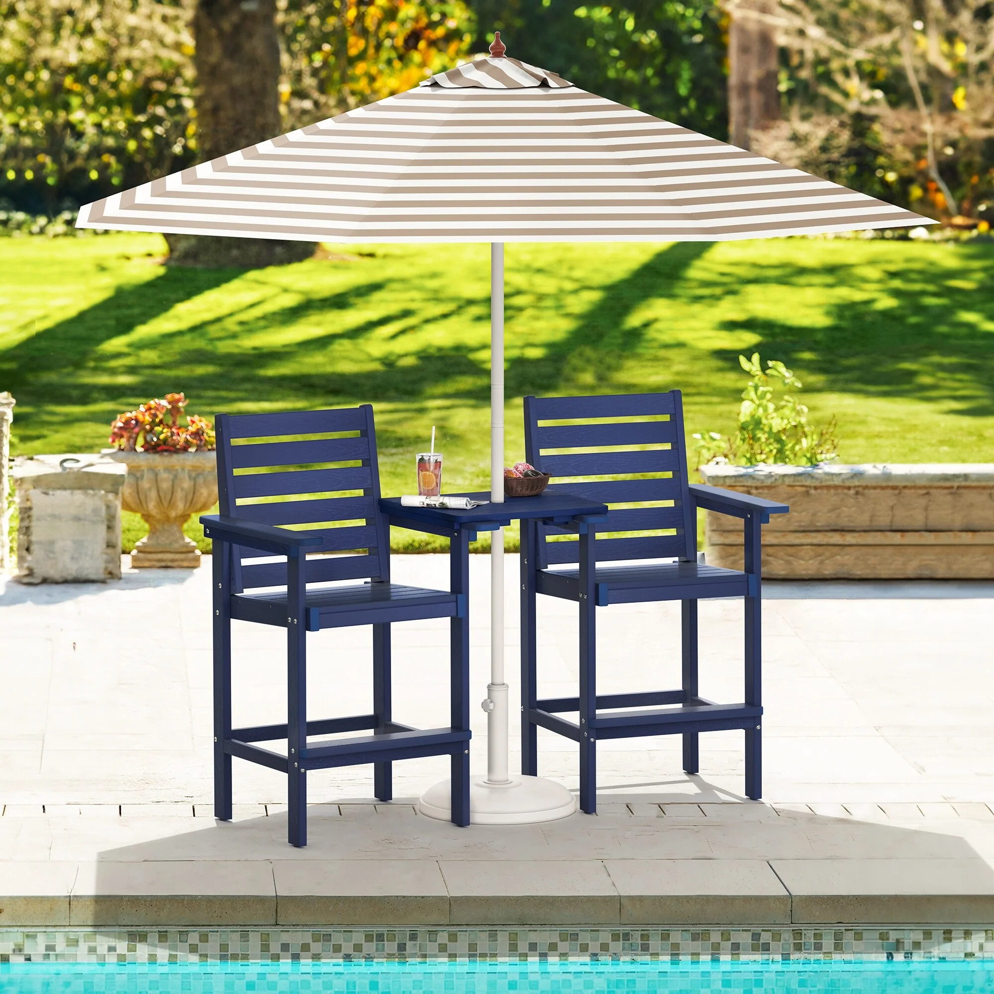 Velocisca Outdoor Plastic Bar Stool Set of 2 HDPS Patio Armchairs with Connecting Table