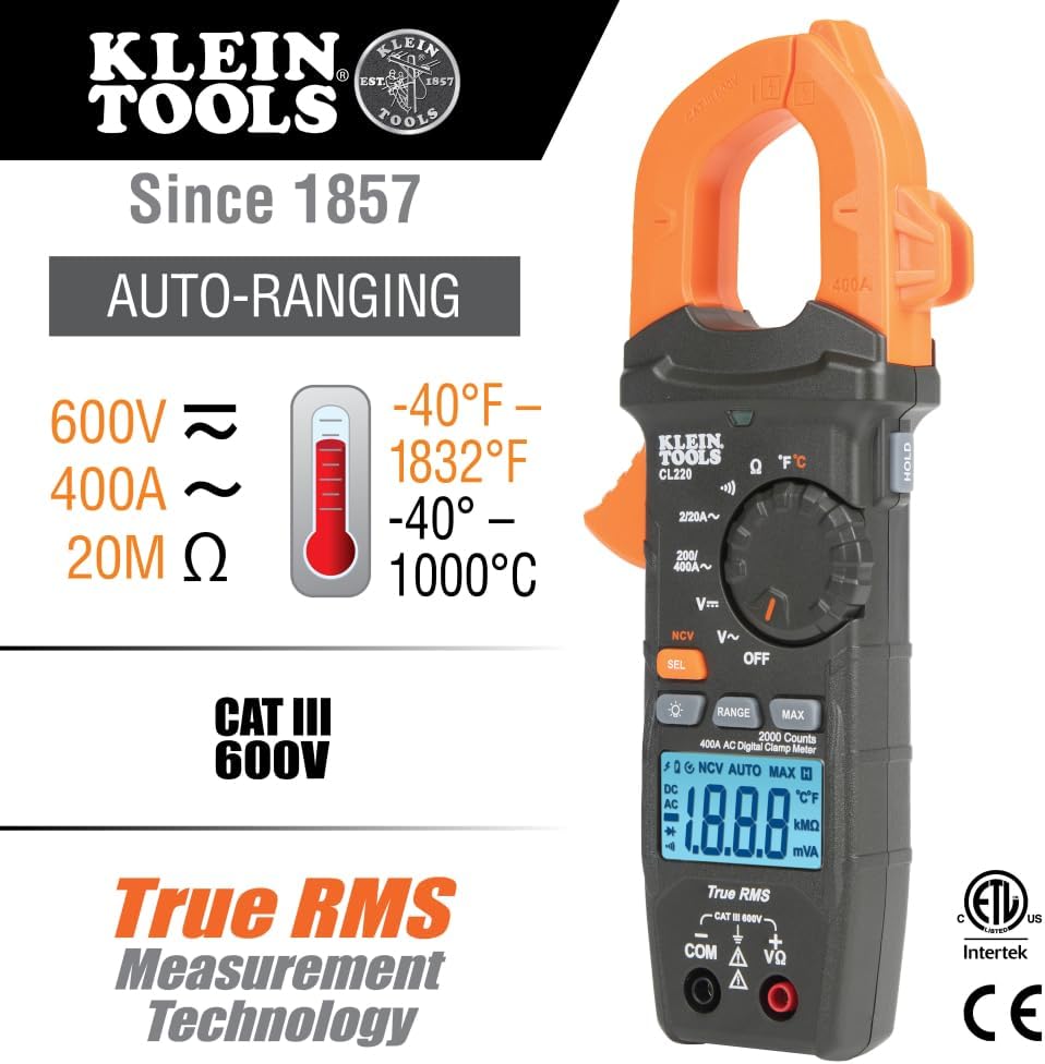 Klein Tools CL220VP Electrical Test Kit with Digital Clamp Meter, Non-Contact Voltage Test Pen, GFCI Outlet Tester, AC/DC Voltage Tester