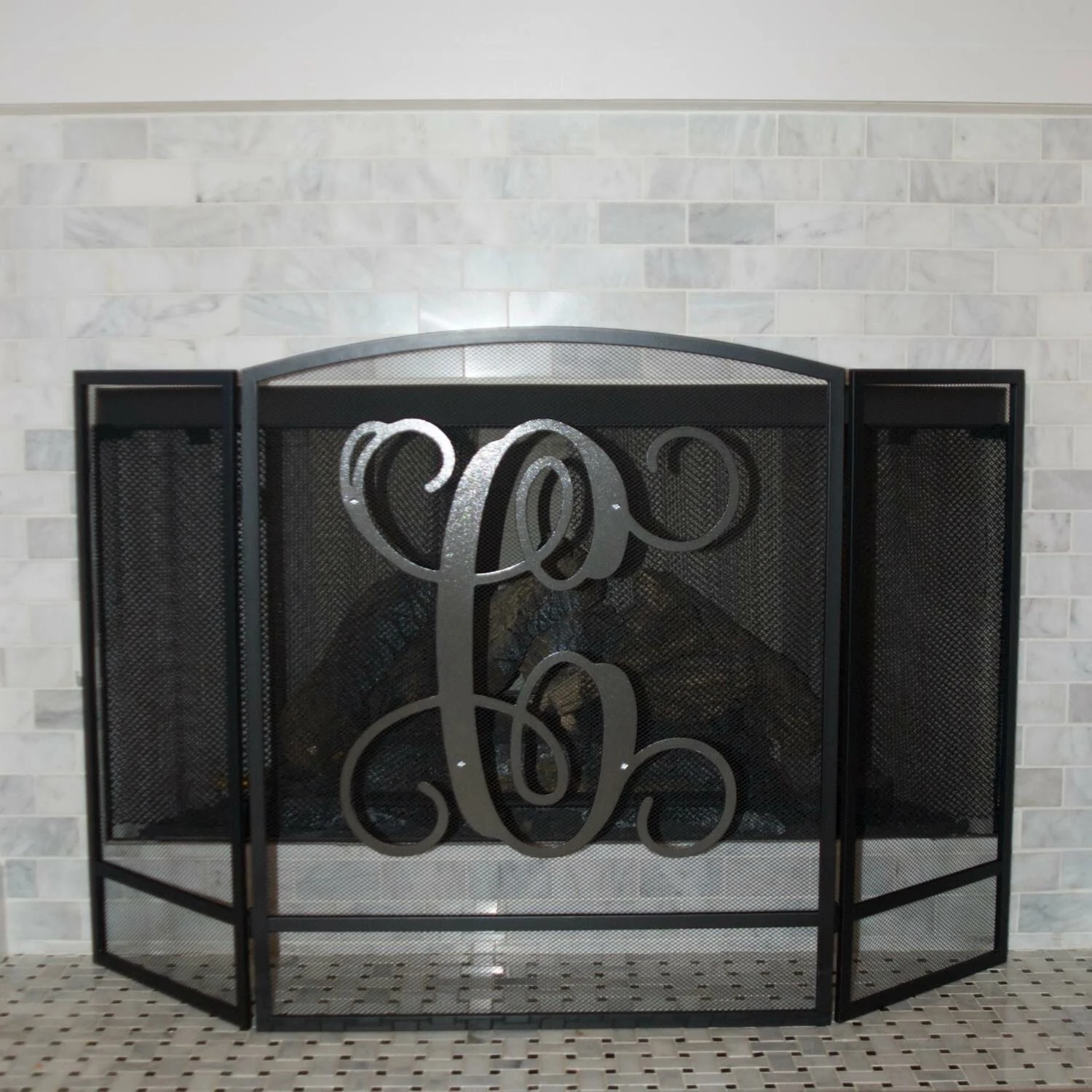 Custom Monogram Fireplace Screen – 3-Panel Steel Arch Screen, Personalized Family Name or Initials