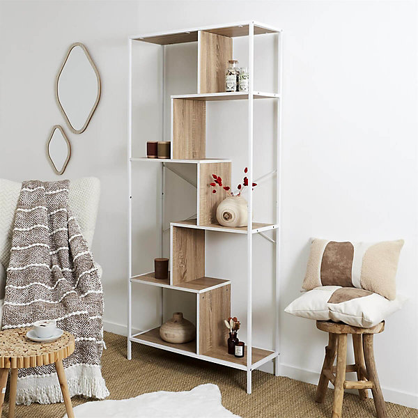ENDIS - Etagère 6 Niveaux Aspect Bois et Métal Blanc
