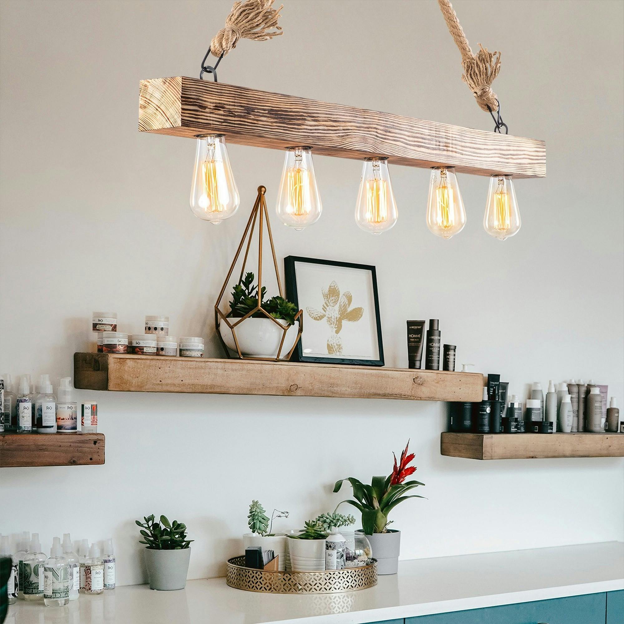 Suspension industrielle bois & corde - 5 ampoules CAMOGLI