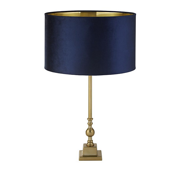 Lampe à poser Base Pied laiton antique Abatjour velours bleu marine interieur doré E27 max 60w Haut 67cm Diam 40cm WHITBY