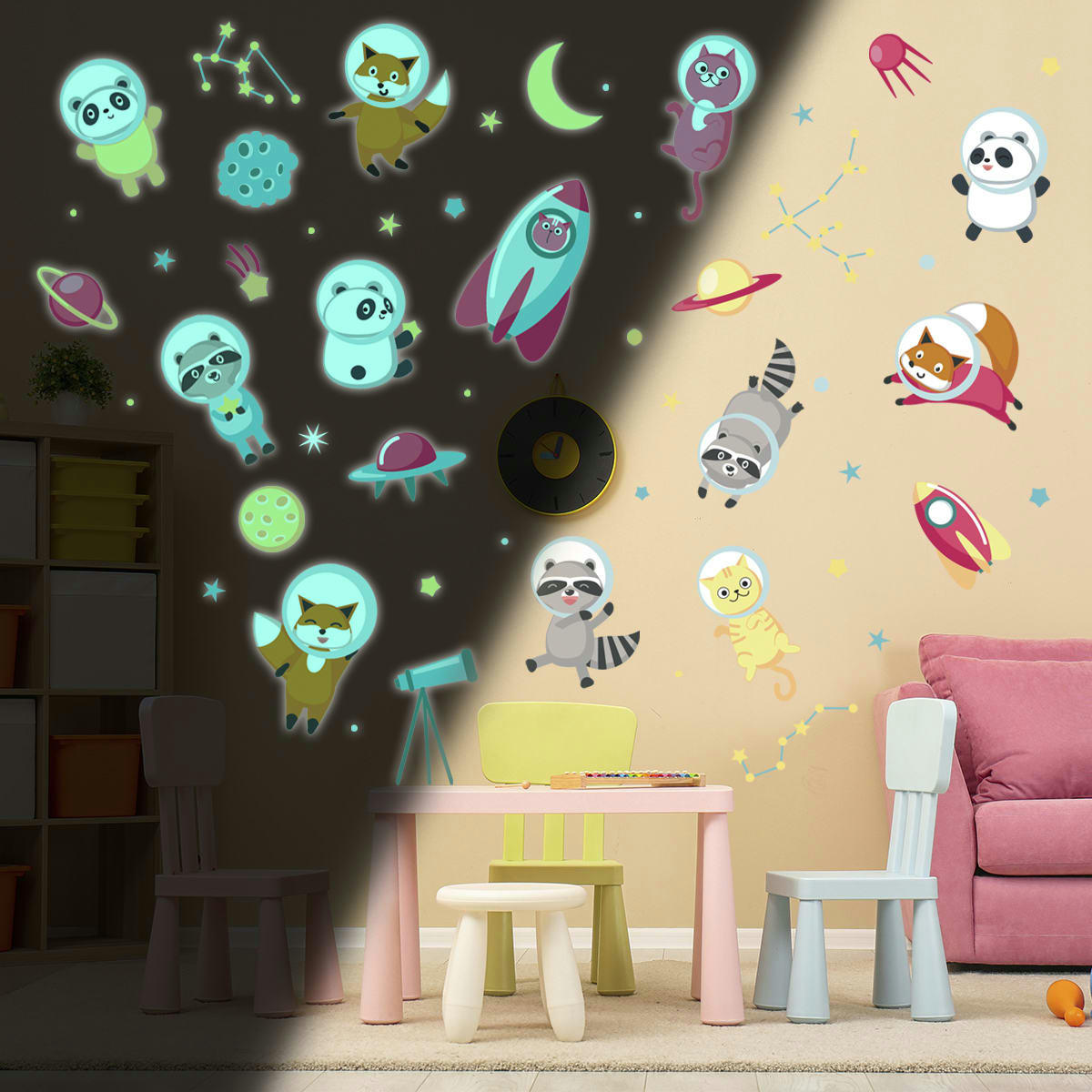 - Stickers mural phosphorescents lumineux animaux 145x110cm