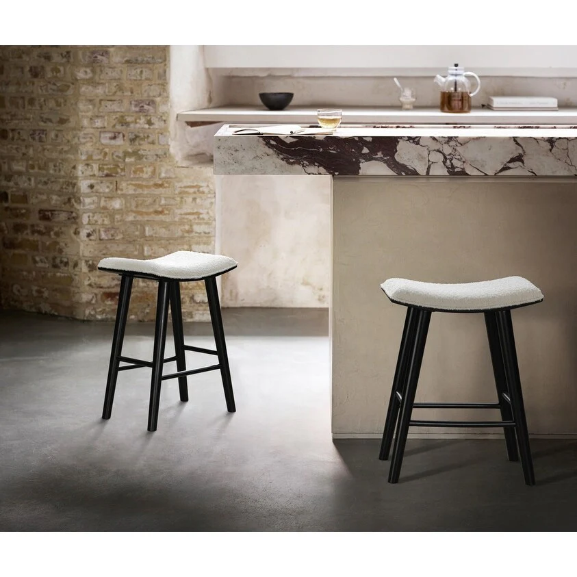 LuXeo Luna Backless Wood Saddle Counterstool/Barstool with Boucle Fabric Seat (Set of 2)