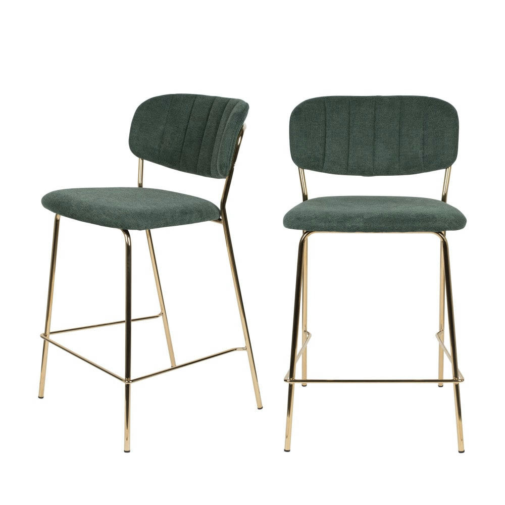 JOLIEN - Lot de 2 tabourets de bar en tissu avec pieds dorés vert