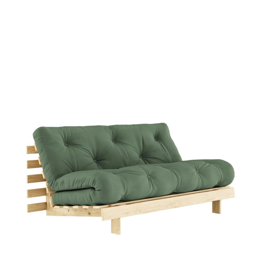 ROOTS - Canapé convertible 2 places 160x200cm en bois et tissu vert olive