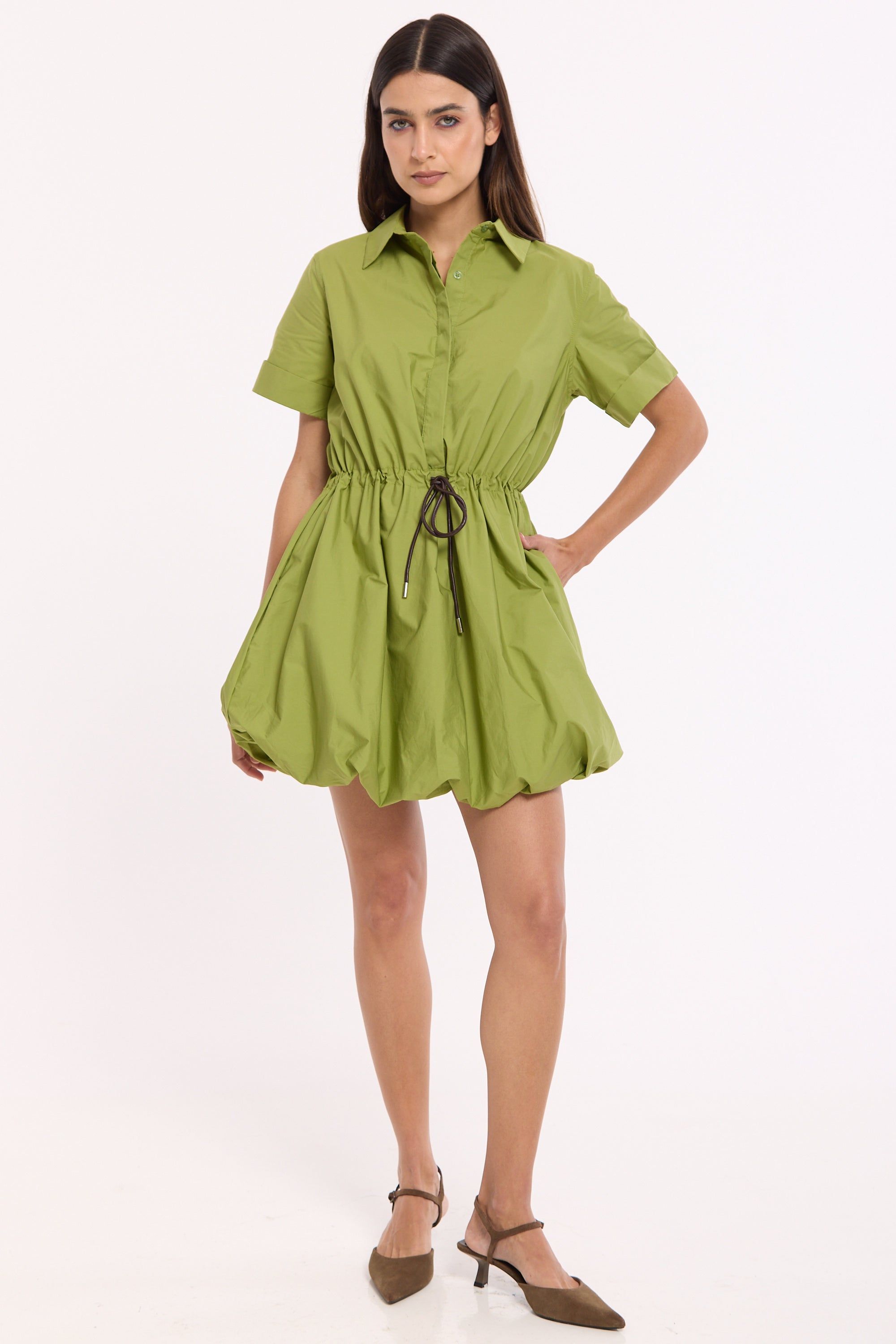House of Holland Green Drawstring Waist Mini Shirt Dress