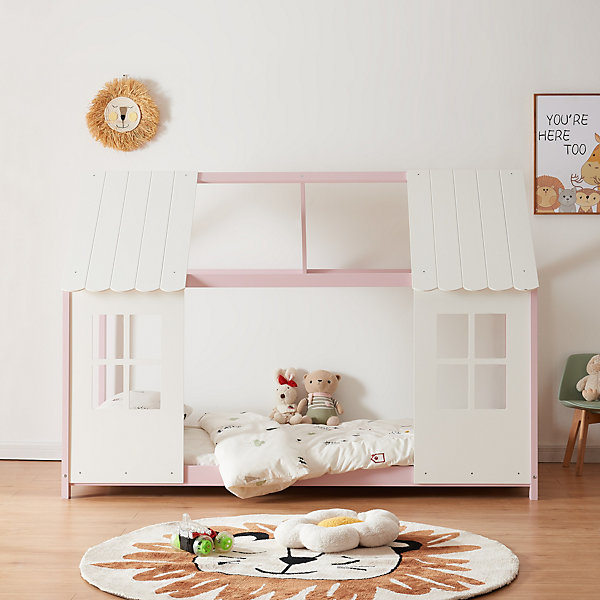 Lit cabane Tostedt pour enfant forme maison bois de pin 90 x 200 cm rose blanc en.casa
