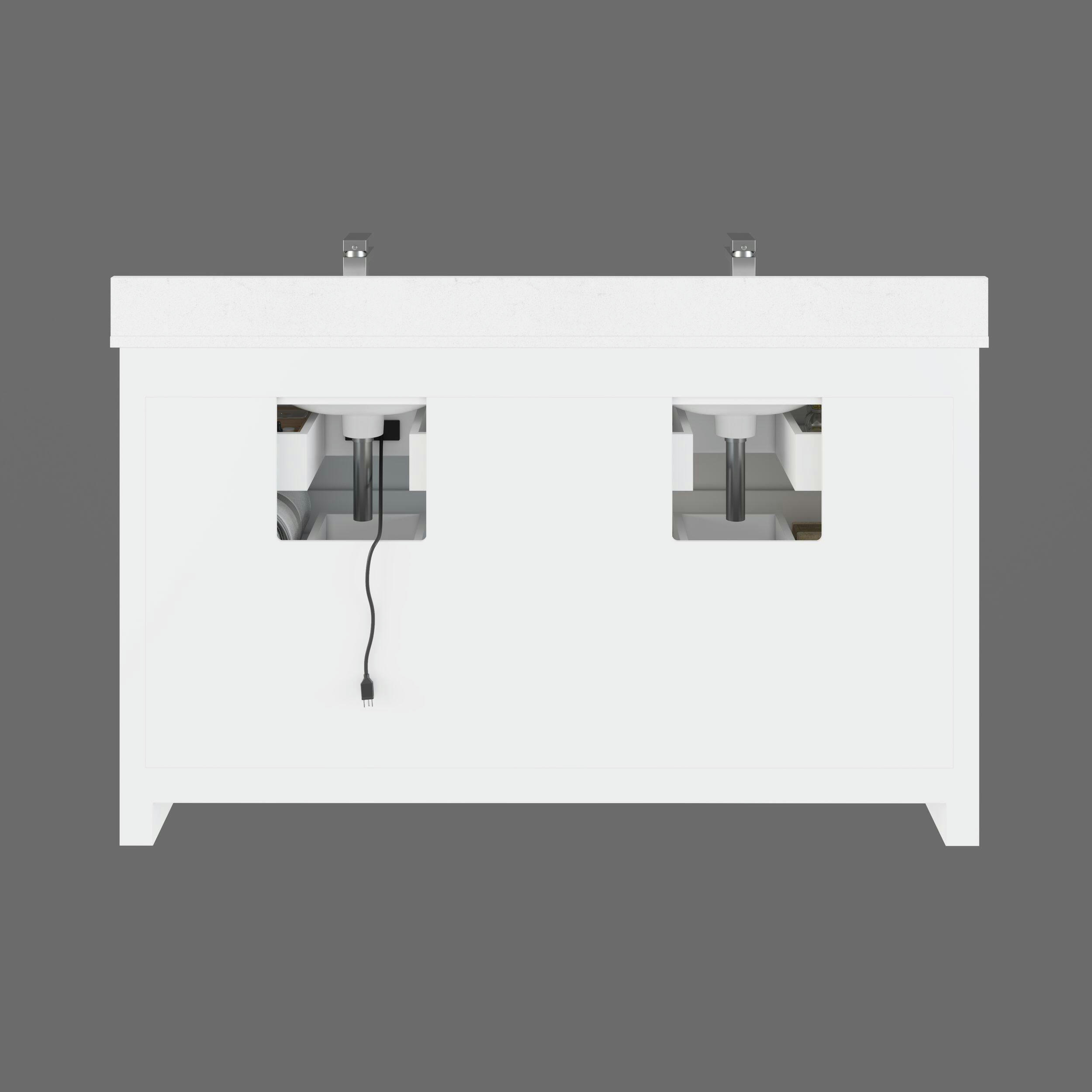 Urban Bathe Rio II Undermount Double Sink Stone Top Bathroom Vanity with Drawer Organizer, White, 60-in