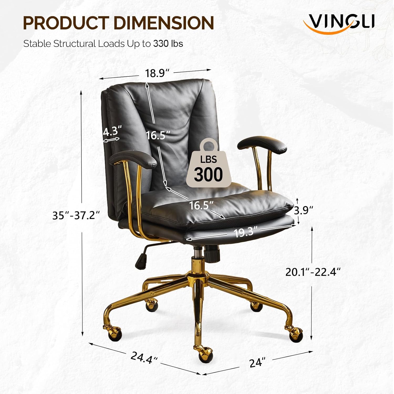 VINGLI Home Office Desk Chair Comfy with Wheels & Removable Armrests,Gold Base Vanity Chair with Back, Adjustable Rolling Swivel Computer Task Chair for Study,Makeup,Office,Bedroom,PU Leather,Black