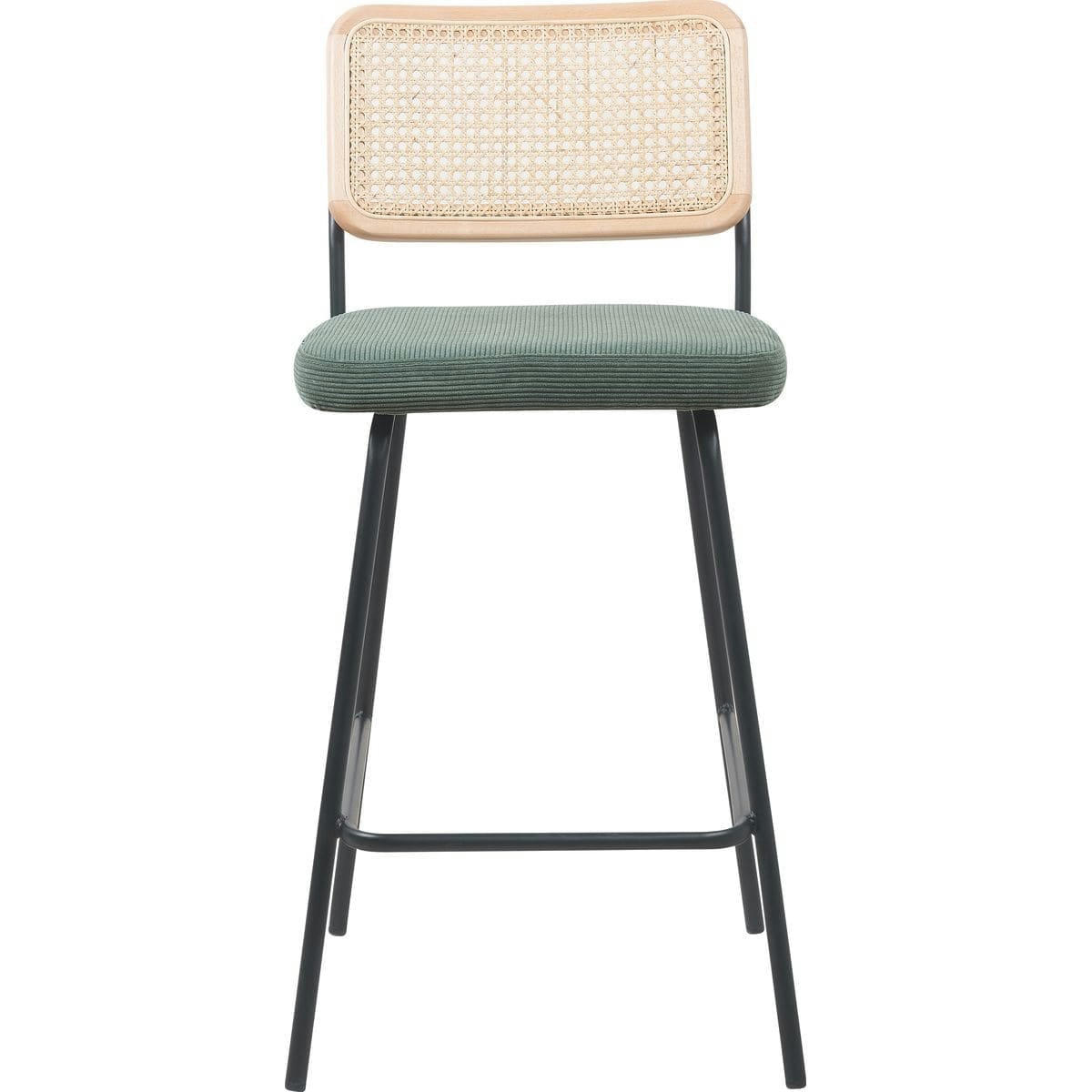 MUSE - Lot de 2 tabourets de bar en velours côtelé vert et cannage naturel