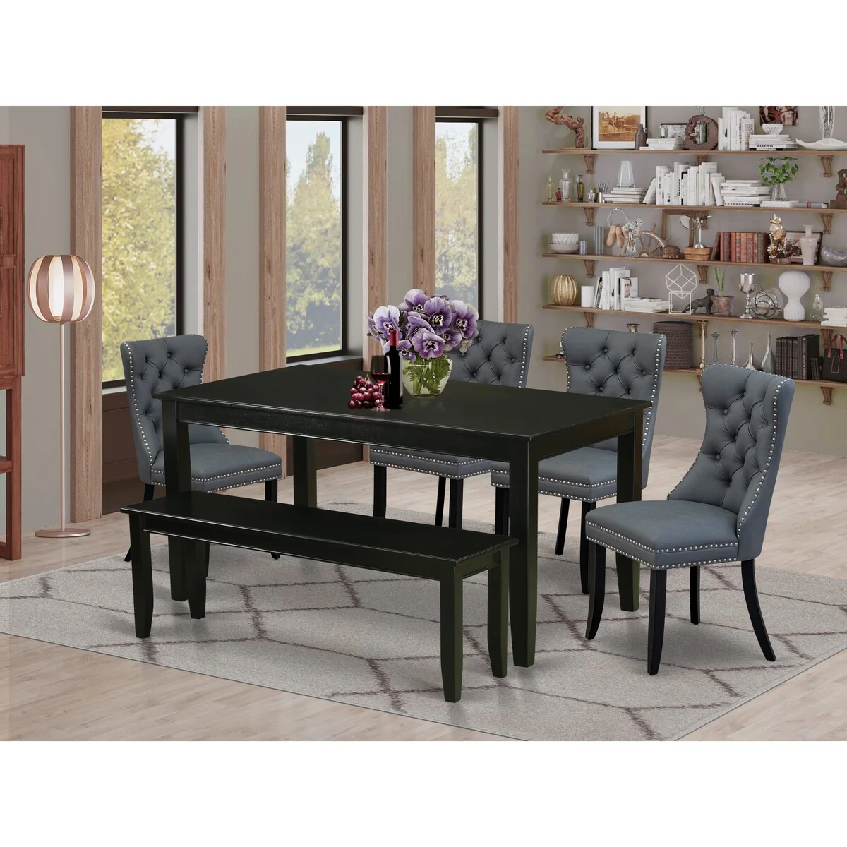 East West Furniture Dining Table Set Contains a Rectangle Solid Wood Table and Upholstered Chairs, Black (Pieces Options)