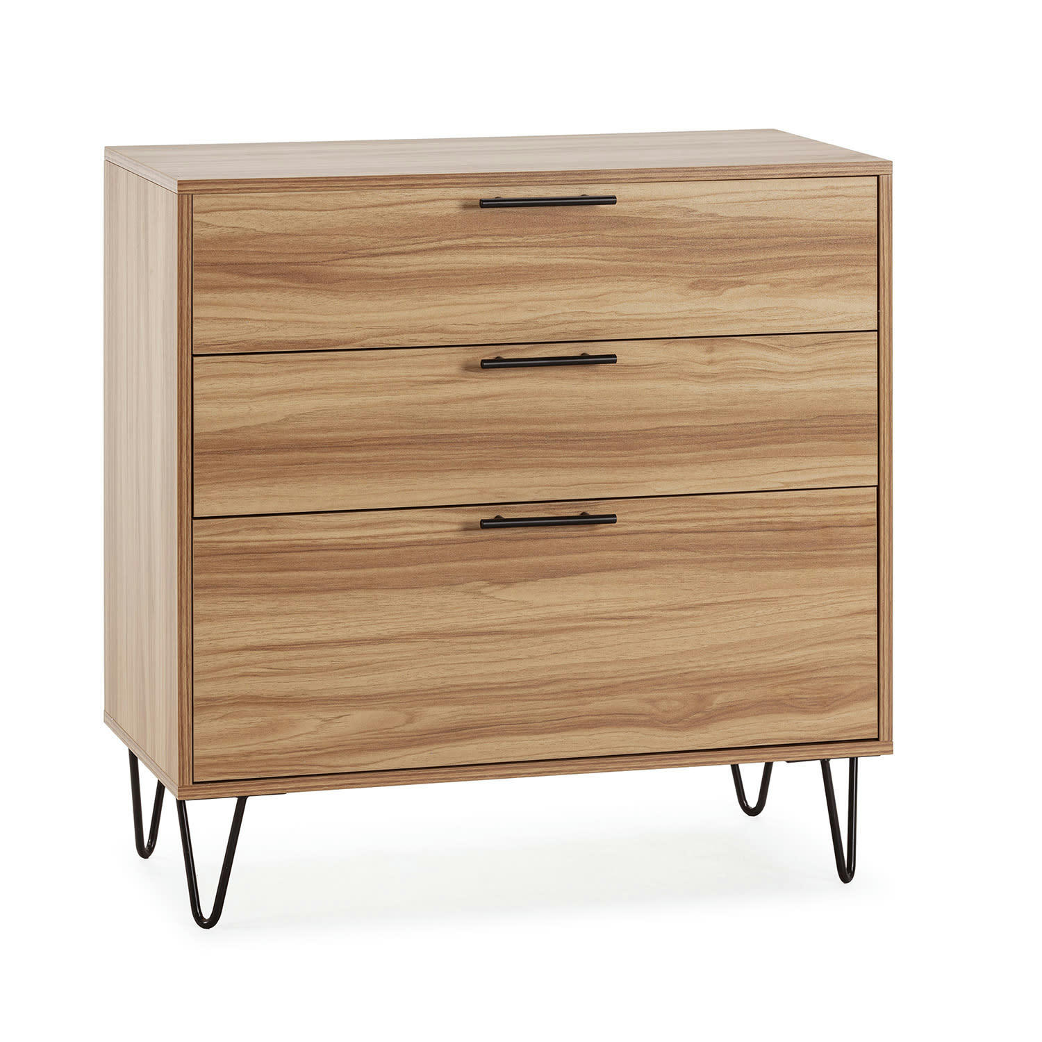 ALMA - Commode de nuit 3 tiroirs, coloris bois, pieds métal