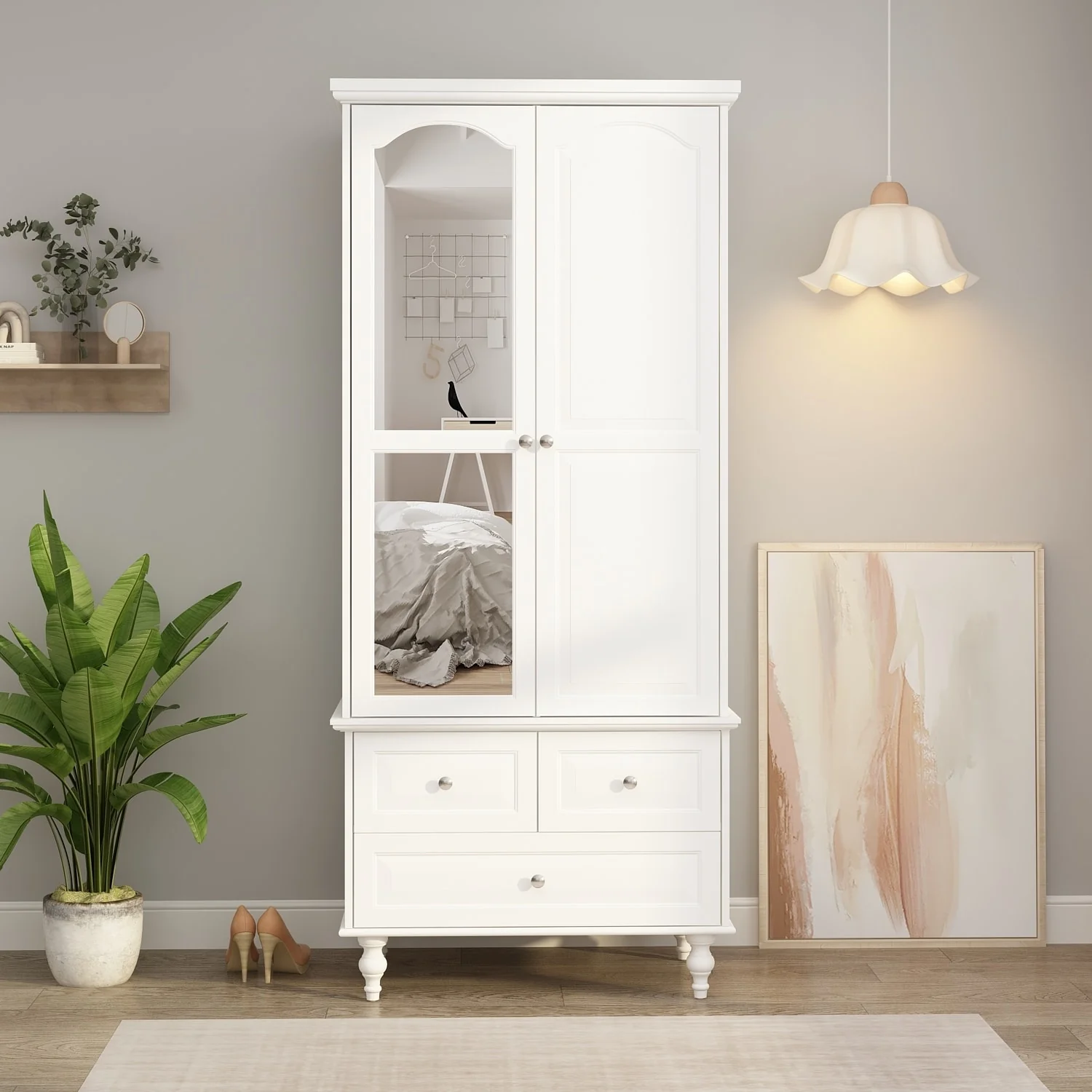 Timechee Wardrobe Armoire Wooden Closet with Mirror Lacquer