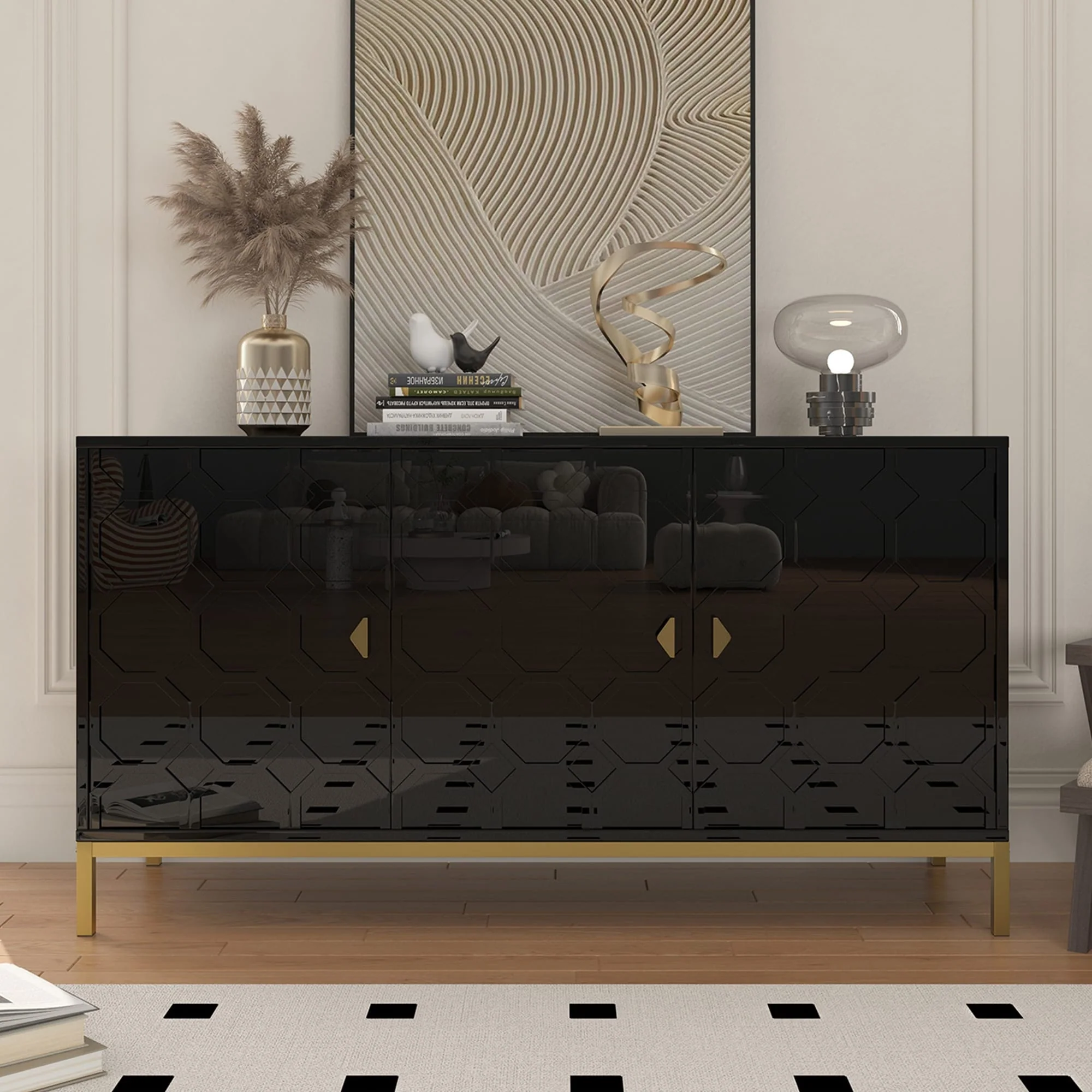 Clihome 3 Door Glossy Media Storage Sideboard Accent Cabinet