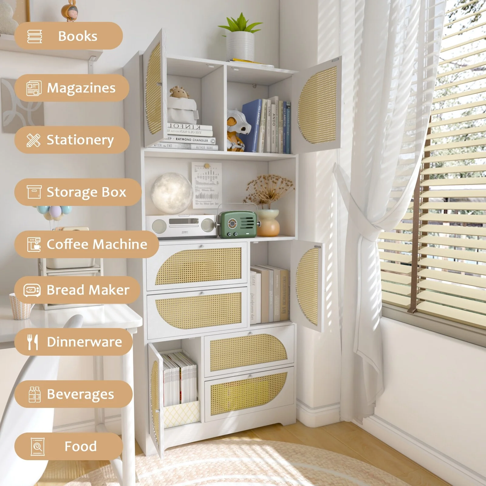 Storage Cabinet Freestanding Hutch Cabinet with Power Outlet