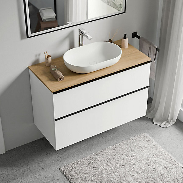 Meuble sous vasque suspendu MDF Blanc mat, plan vasque Chêne miel, poignée Chrome - 80x46x62cm - LAVOA