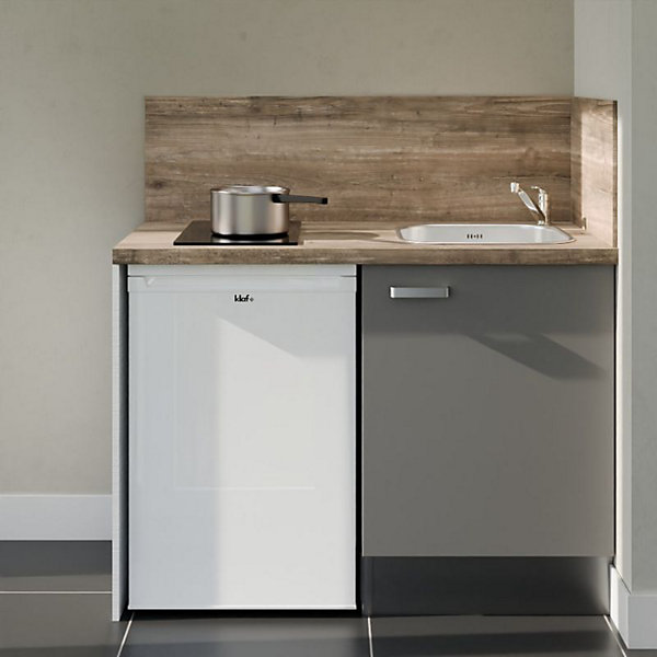Kitchenette K08 façades Gris - Plan de travail Bois - Crédences : Oui - Evier inox - Electroménager Blanc inclus