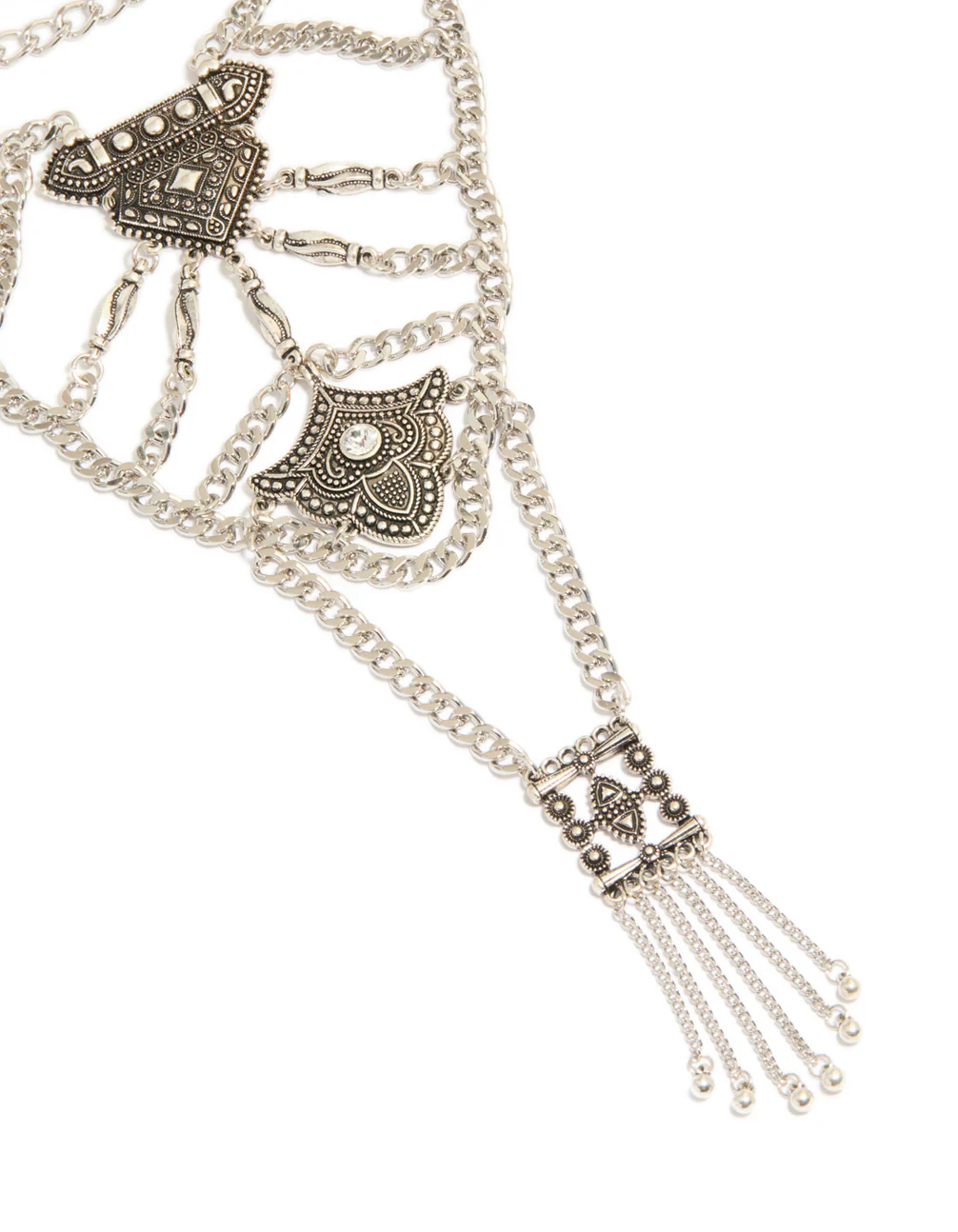 Antique Silver Textured Boho Long Chain Necklace