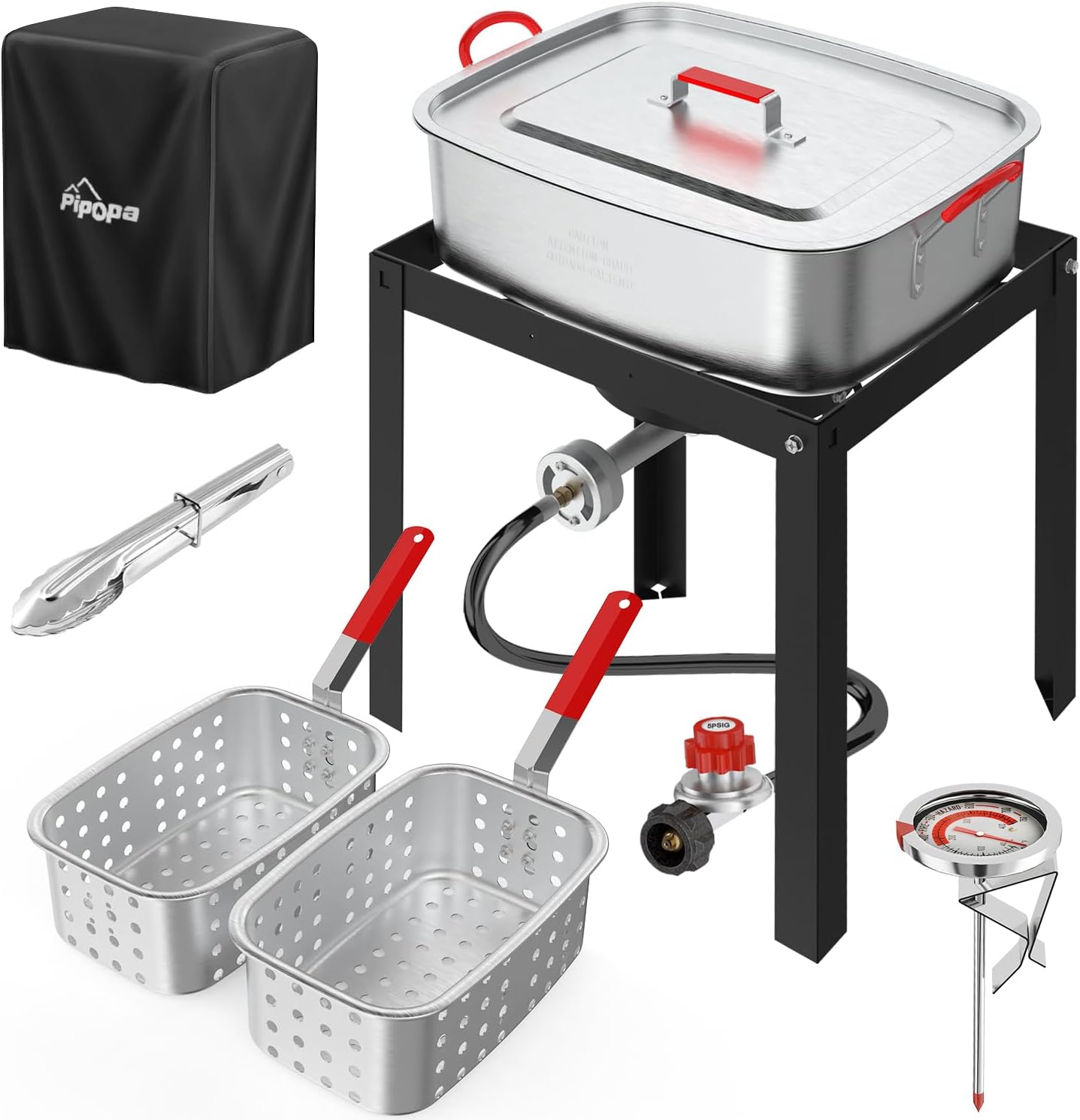 18QT Outdoor Propane Fish Fryer | 50,000 BTU Propane Deep Fryer | Includes 2 Baskets | Lid | Cover | 9 Fryer Tong & 6 Thermometer | Perfect for Cooking Fish, Chicken Wings, and Fries