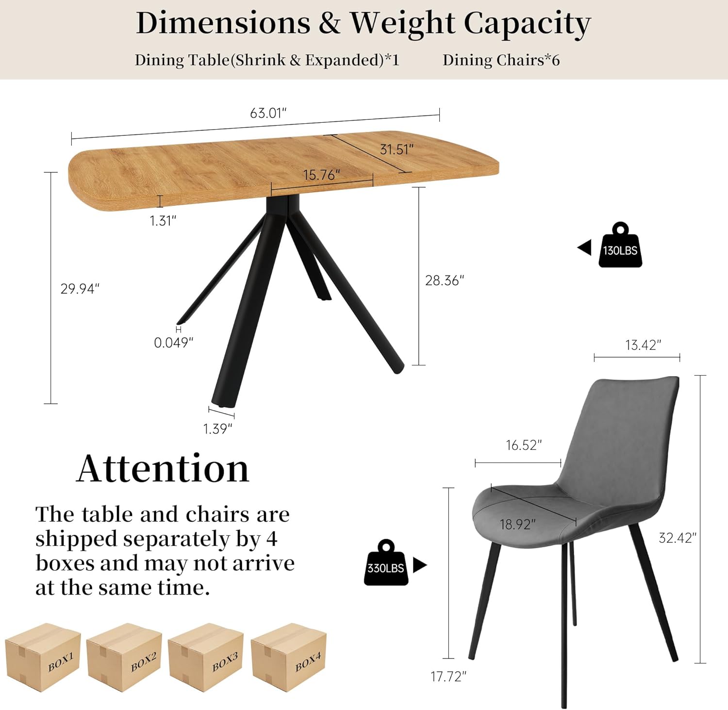HIPIHOM Extendable Dining Table Set for 6 People, 47.2''-63'' MDF Kitchen Table with 6 Upholstered Chairs, Metal Legs for Dining Room, Kitchen, Apartment(Oak Table+6 Grey Chairs)