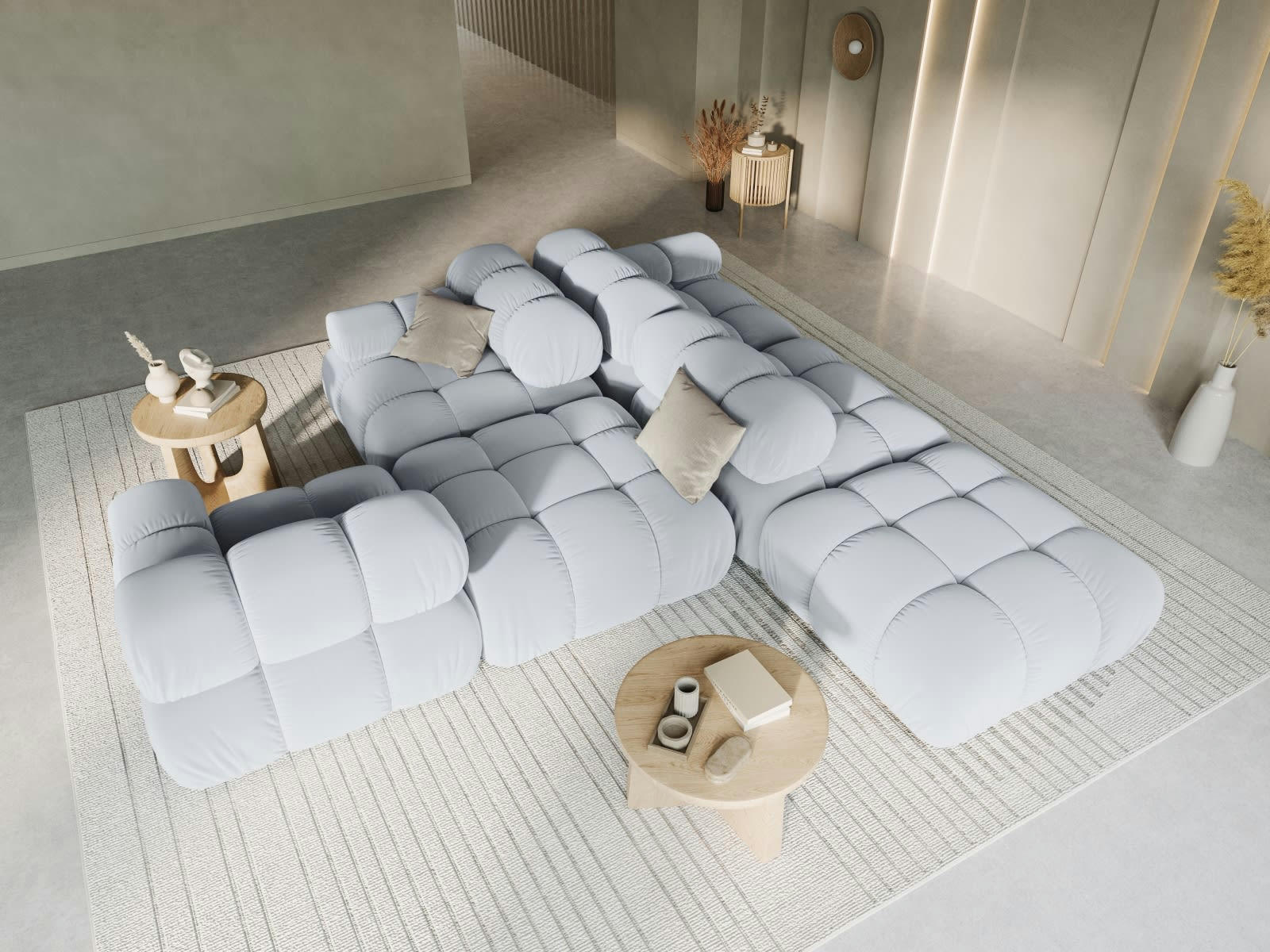BELLIS - Canapé modulable droit 4 places en tissu velours bleu clair