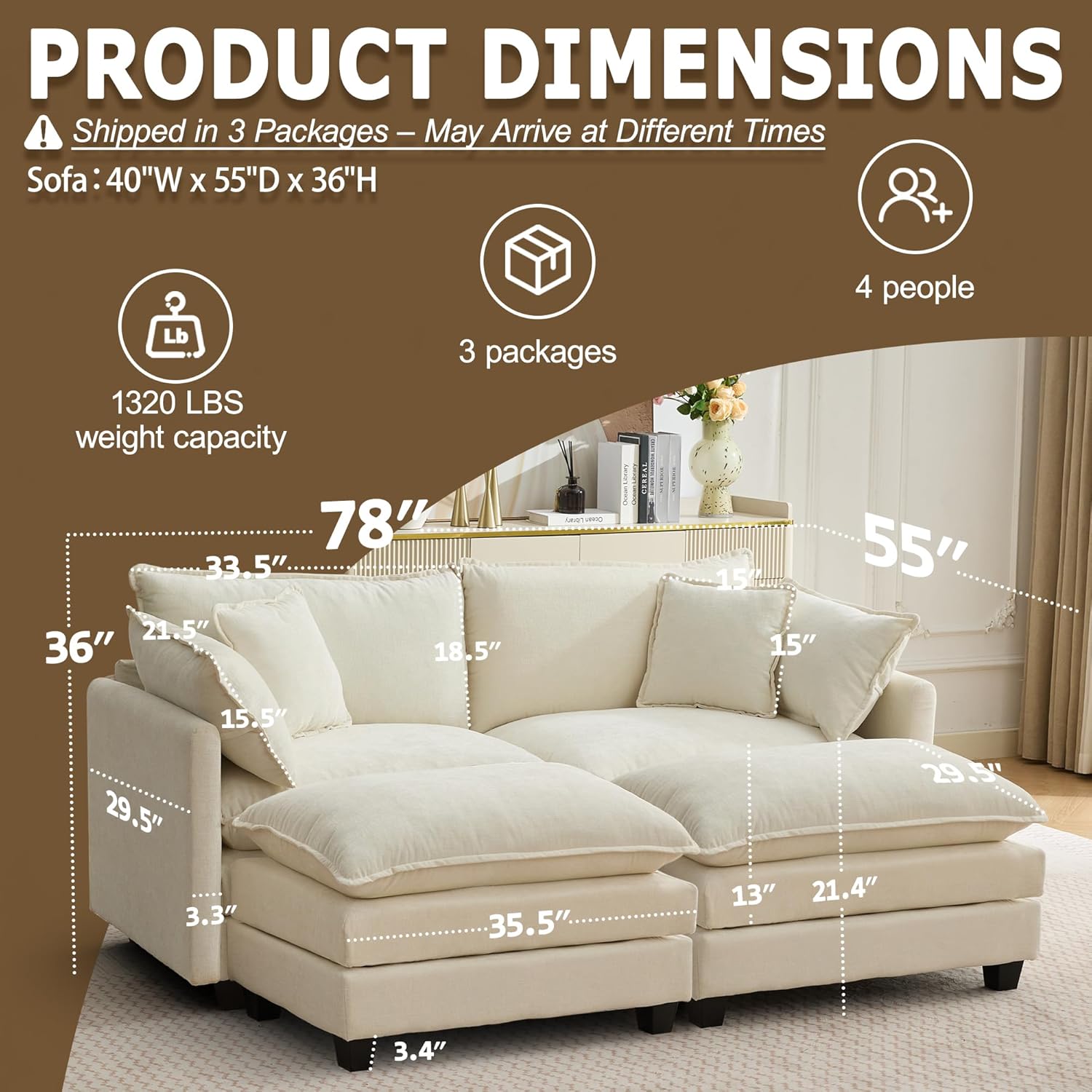 78 Modular Sectional Sofa, Cloud Couch Loveseat Sofa with 2 Movable Ottoman, Comfy Chenille Deep Seat Sofa with Throw Pillows, 4 Seat Modern Couches for Living Room, Bedroom and Apartment, Beige