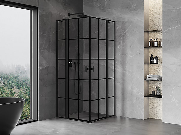 Mexen Mist Duo cabine de douche pivotante 90 x 90 cm, grille noire, noir - 8A4-090L-090P-70-77