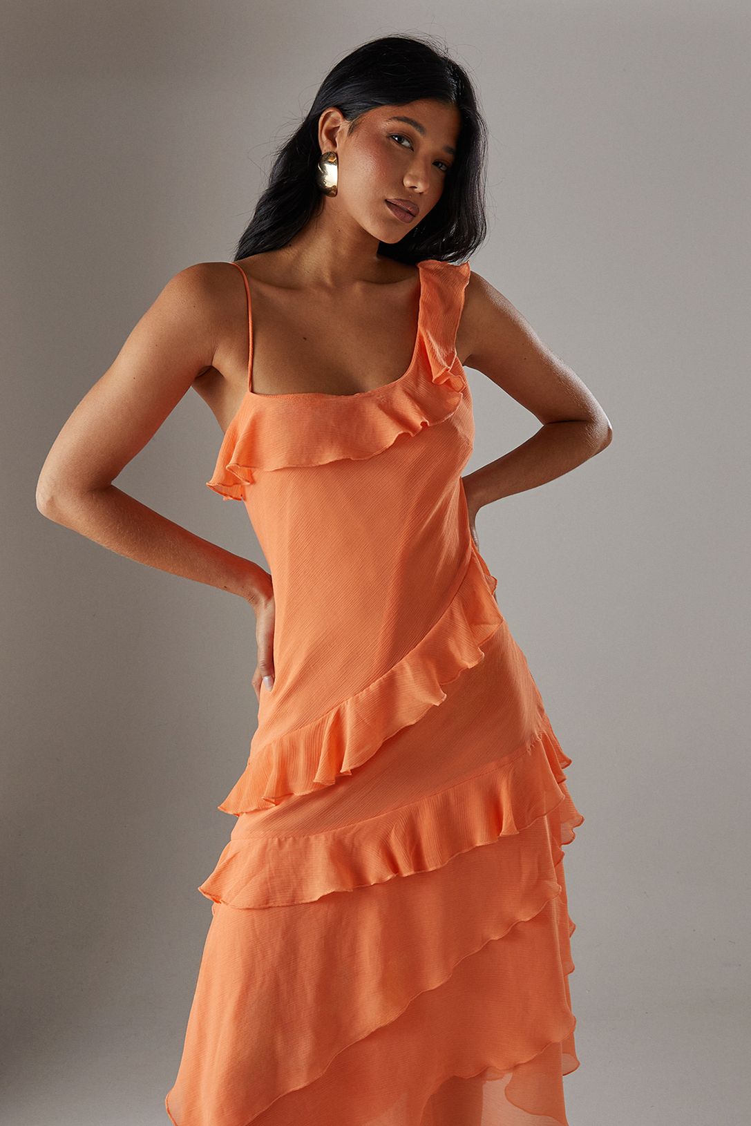 Warehouse Chiffon Asymmetric Hem Ruffle Midi Slip Dress
