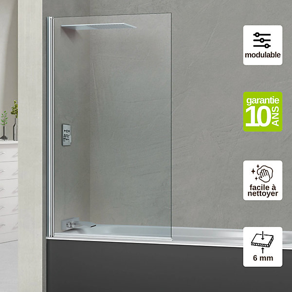 Paroi de baignoire fixe   pivotant gauche en verre sécurité ép 6mm anti calcaire, L85 x H147 cm, chrome, SUPERBAN Alsace Sport