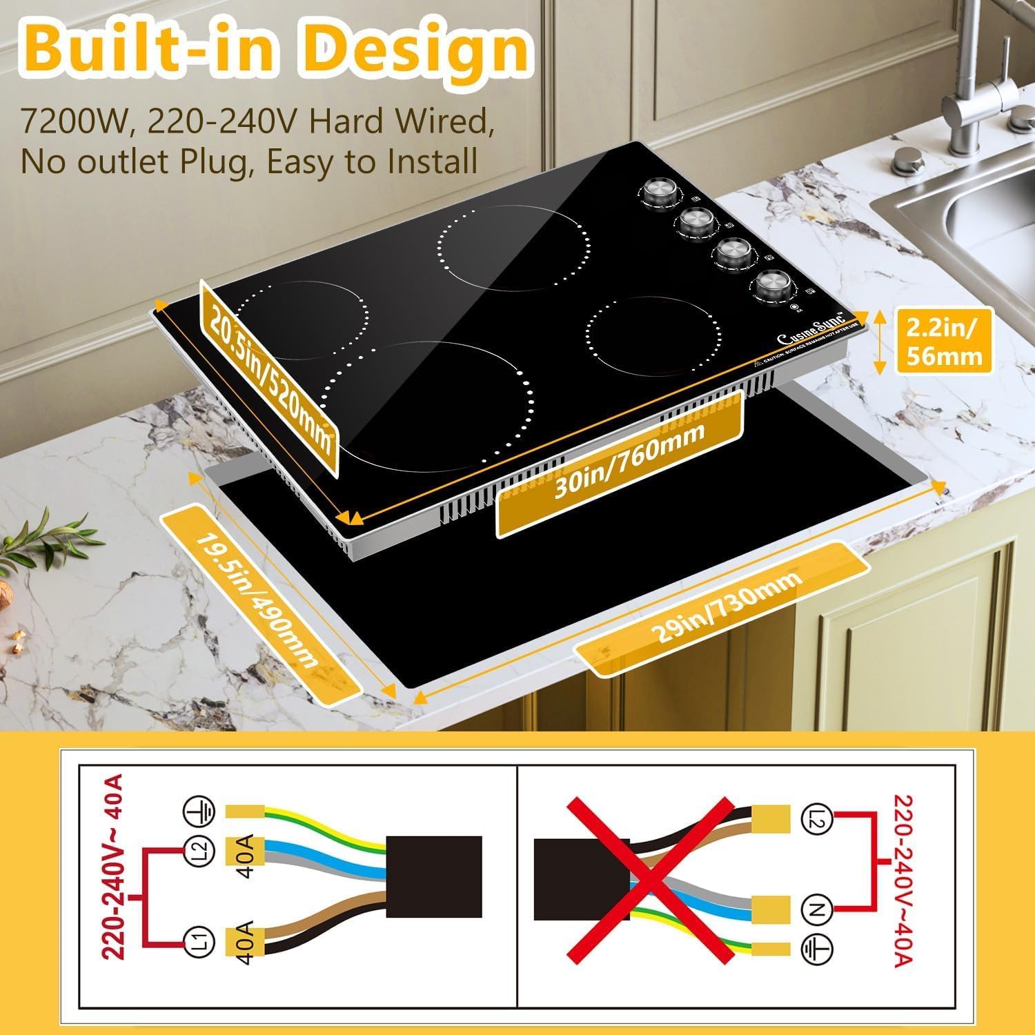 30 Inch Built-In Electric Ceramic Glass Cooktop, 4 Burners, 7200W Total Power, Knob Control, Compatible with Flat-Bottom Cookware, 220-240V Hardwired