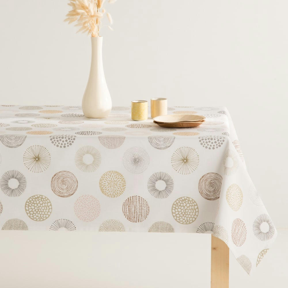 NILO BEIGE - Nappe imprimée blanc avec traitement anti-taches en coton 140x140 cm
